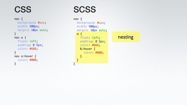 CSS SCSS
nesting
nav {
background: #ccc;
width: 500px;
margin: 10px auto;
a {
float: left;
padding: 0 5px;
color: #666;
&:hover {
color: #000;
}
}
}
nav {
background: #ccc;
width: 500px;
margin: 10px auto;
}
nav a {
float: left;
padding: 0 5px;
color: #666;
}
nav a:hover {
color: #000;
}
