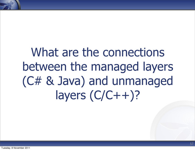 What are the connections
between the managed layers
(C# & Java) and unmanaged
layers (C/C++)?
57
Tuesday, 8 November 2011
