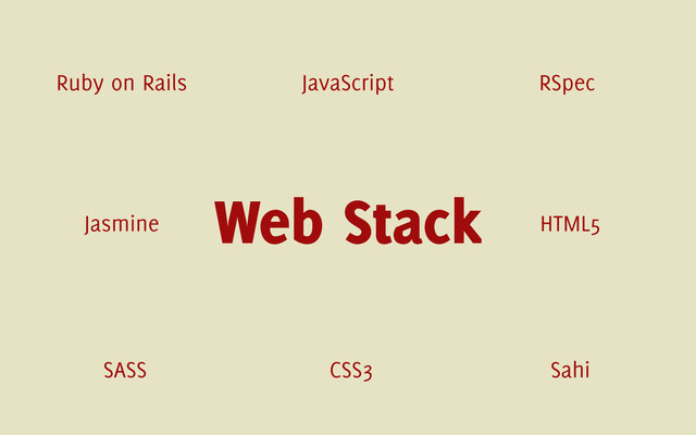 Ruby on Rails JavaScript
CSS3
SASS
Jasmine
RSpec
Sahi
HTML5
Web Stack
