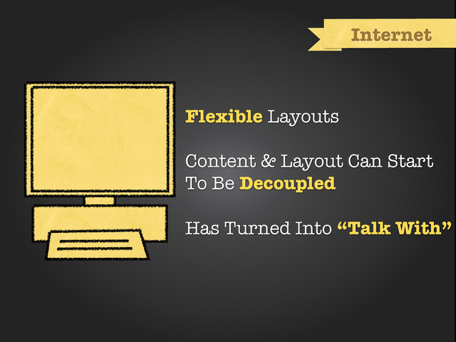 Flexible Layouts
Content & Layout Can Start
To Be Decoupled
Has Turned Into “Talk With”
Internet
