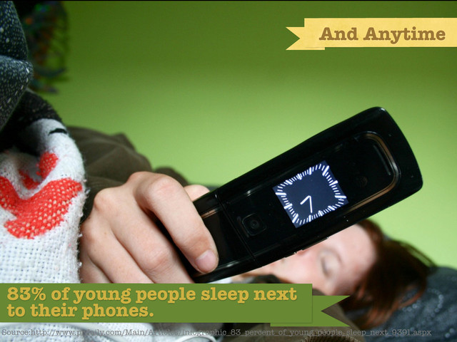 And Anytime
83% of young people sleep next
to their phones.
Source:http://www.prdaily.com/Main/Articles/Infographic_83_percent_of_young_people_sleep_next_9391.aspx
