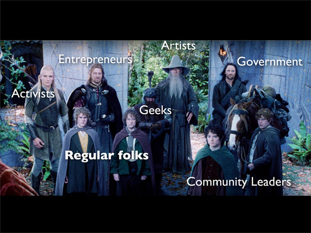 Artists
Geeks
Entrepreneurs
Activists
Government
Regular folks
Community Leaders
