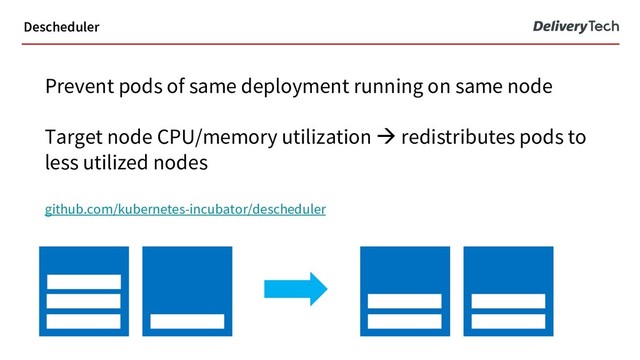 Prevent pods of same deployment running on same node
Target node CPU/memory utilization à redistributes pods to
less utilized nodes
github.com/kubernetes-incubator/descheduler
Descheduler
