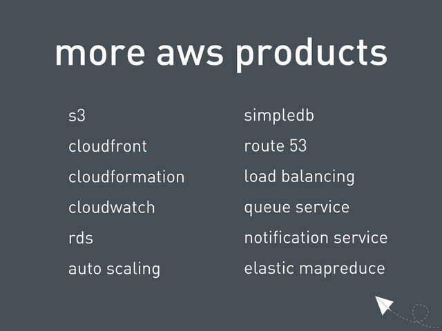 more aws products
s3
cloudfront
cloudformation
cloudwatch
rds
auto scaling
simpledb
route 53
load balancing
queue service
notification service
elastic mapreduce
