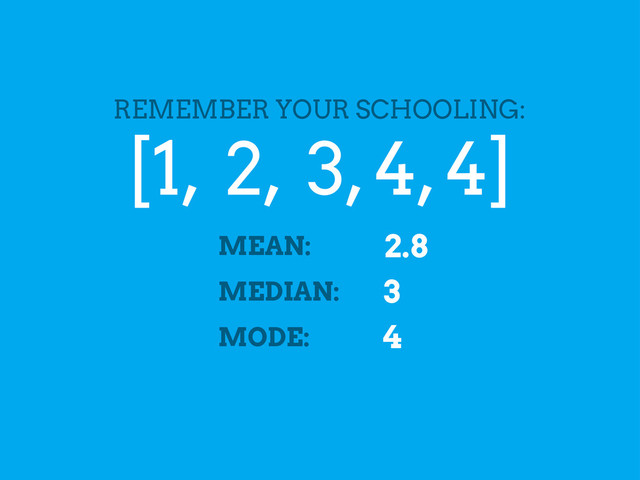 [1, 2, 3, 4, 4]
REMEMBER YOUR SCHOOLING:
MEAN:
MEDIAN:
MODE: 4
3
2.8
