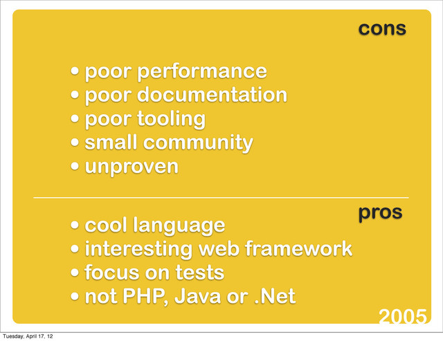 • poor performance
• poor documentation
• poor tooling
• small community
• unproven
• cool language
• interesting web framework
• focus on tests
• not PHP, Java or .Net
cons
pros
2005
Tuesday, April 17, 12
