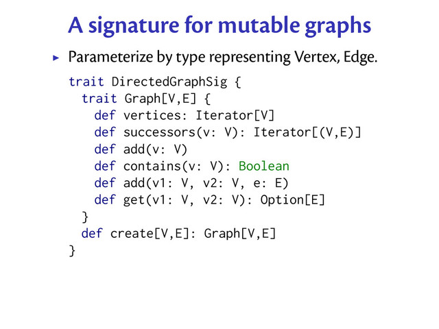 A signature for mutable graphs
Parameterize by type representing Vertex, Edge.
trait DirectedGraphSig {
trait Graph[V,E] {
def vertices: Iterator[V]
def successors(v: V): Iterator[(V,E)]
def add(v: V)
def contains(v: V): Boolean
def add(v1: V, v2: V, e: E)
def get(v1: V, v2: V): Option[E]
}
def create[V,E]: Graph[V,E]
}

