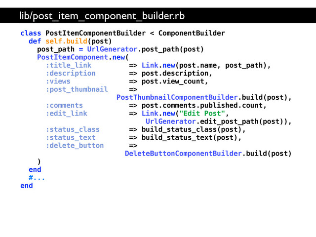 class PostItemComponentBuilder < ComponentBuilder
def self.build(post)
post_path = UrlGenerator.post_path(post)
PostItemComponent.new(
:title_link => Link.new(post.name, post_path),
:description => post.description,
:views => post.view_count,
:post_thumbnail =>
PostThumbnailComponentBuilder.build(post),
:comments => post.comments.published.count,
:edit_link => Link.new("Edit Post",
UrlGenerator.edit_post_path(post)),
:status_class => build_status_class(post),
:status_text => build_status_text(post),
:delete_button =>
DeleteButtonComponentBuilder.build(post)
)
end
#...
end
lib/post_item_component_builder.rb
