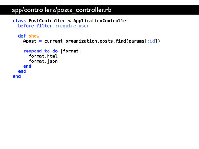 class PostController < ApplicationController
before_filter :require_user
def show
@post = current_organization.posts.find(params[:id])
respond_to do |format|
format.html
format.json
end
end
end
app/controllers/posts_controller.rb

