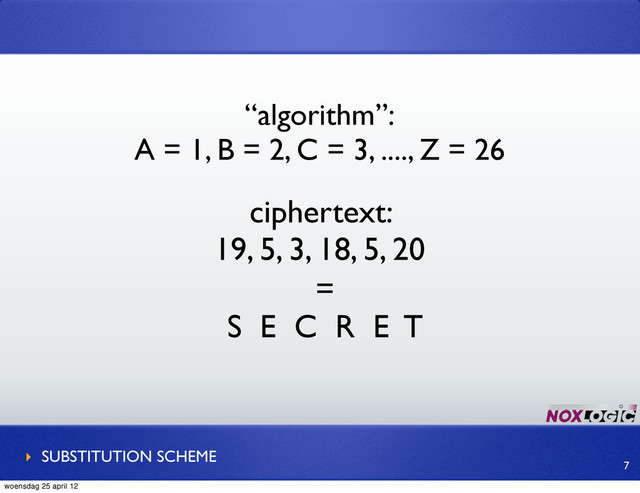 ciphertext:
19, 5, 3, 18, 5, 20
“algorithm”:
A = 1, B = 2, C = 3, ...., Z = 26
=
S E C R E T
‣ SUBSTITUTION SCHEME
7
woensdag 25 april 12
