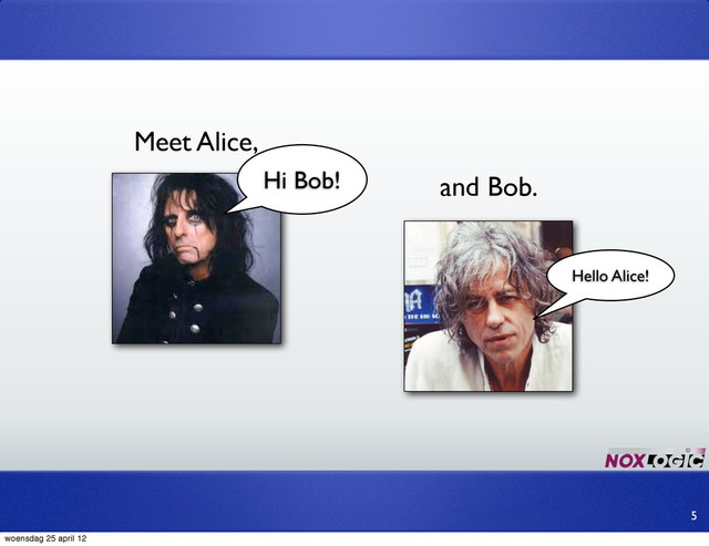 Meet Alice,
and Bob.
5
Hi Bob!
Hello Alice!
woensdag 25 april 12
