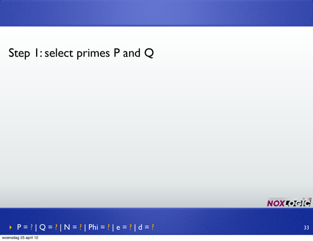 Step 1: select primes P and Q
‣ P = ? | Q = ? | N = ? | Phi = ? | e = ? | d = ? 33
woensdag 25 april 12
