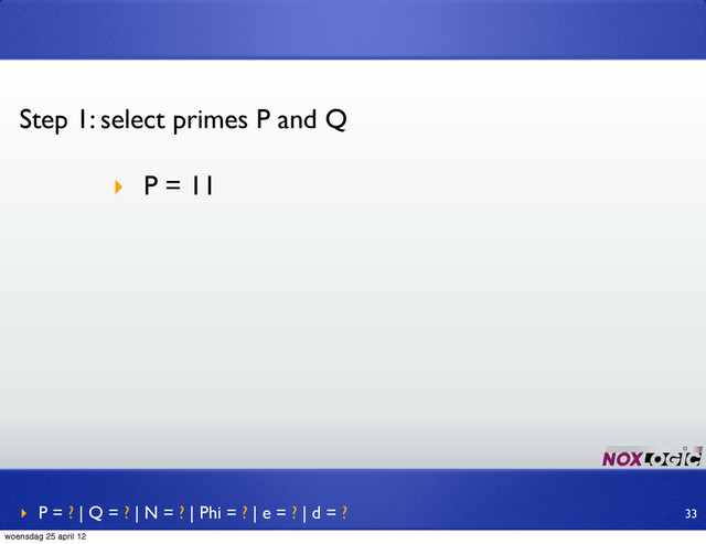 Step 1: select primes P and Q
‣ P = 11
‣ P = ? | Q = ? | N = ? | Phi = ? | e = ? | d = ? 33
woensdag 25 april 12
