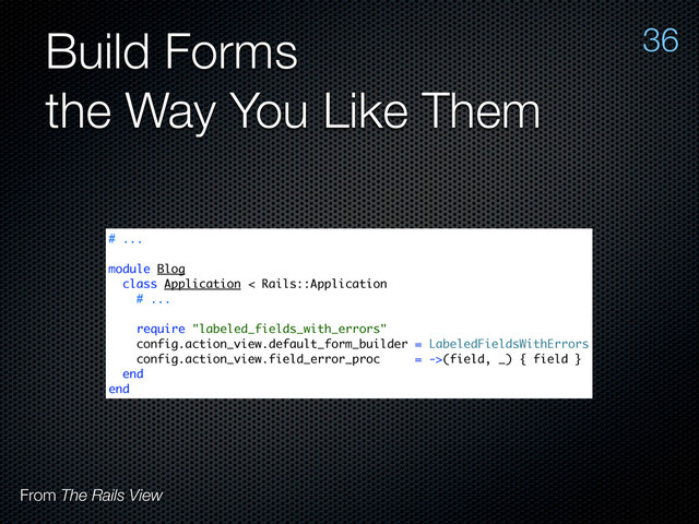 Build Forms
the Way You Like Them
36
From The Rails View
# ...
module Blog
class Application < Rails::Application
# ...
require "labeled_fields_with_errors"
config.action_view.default_form_builder = LabeledFieldsWithErrors
config.action_view.field_error_proc = ->(field, _) { field }
end
end
