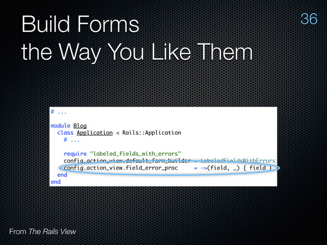 Build Forms
the Way You Like Them
36
From The Rails View
# ...
module Blog
class Application < Rails::Application
# ...
require "labeled_fields_with_errors"
config.action_view.default_form_builder = LabeledFieldsWithErrors
config.action_view.field_error_proc = ->(field, _) { field }
end
end
