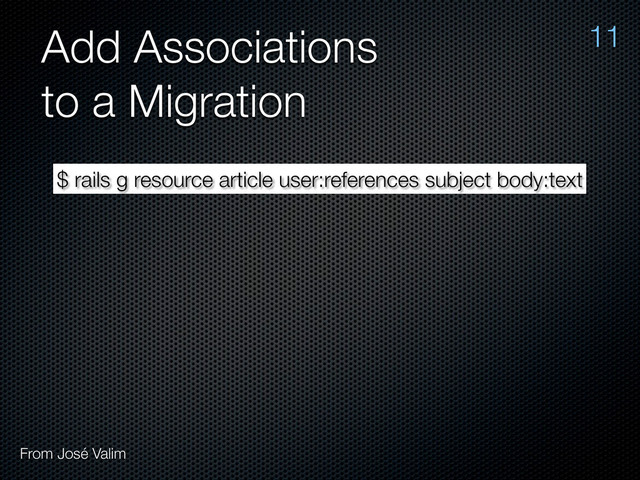 Add Associations
to a Migration
$ rails g resource article user:references subject body:text
11
From José Valim
