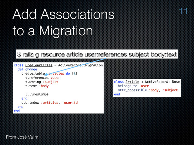 Add Associations
to a Migration
$ rails g resource article user:references subject body:text
class CreateArticles < ActiveRecord::Migration
def change
create_table :articles do |t|
t.references :user
t.string :subject
t.text :body
t.timestamps
end
add_index :articles, :user_id
end
end
class Article < ActiveRecord::Base
belongs_to :user
attr_accessible :body, :subject
end
11
From José Valim
