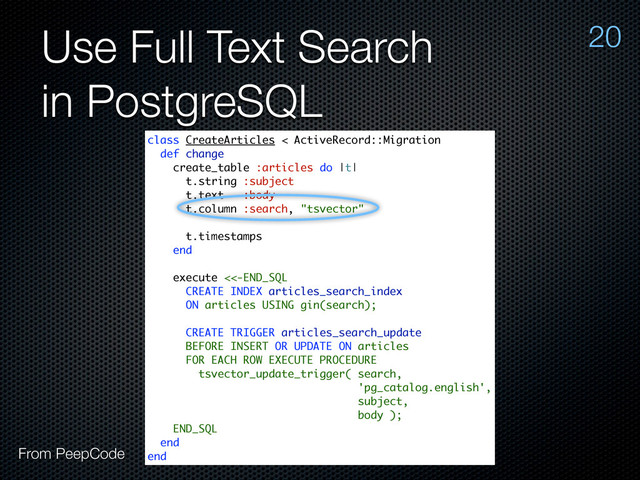 Use Full Text Search
in PostgreSQL
20
class CreateArticles < ActiveRecord::Migration
def change
create_table :articles do |t|
t.string :subject
t.text :body
t.column :search, "tsvector"
t.timestamps
end
execute <<-END_SQL
CREATE INDEX articles_search_index
ON articles USING gin(search);
CREATE TRIGGER articles_search_update
BEFORE INSERT OR UPDATE ON articles
FOR EACH ROW EXECUTE PROCEDURE
tsvector_update_trigger( search,
'pg_catalog.english',
subject,
body );
END_SQL
end
end
From PeepCode
