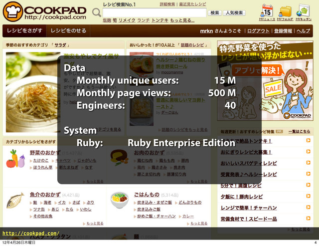 Data
Monthly unique users: 15 M
Monthly page views: 500 M
Engineers: 40
System
Ruby: Ruby Enterprise Edition
http://cookpad.com/
4
12೥4݄26೔໦༵೔
