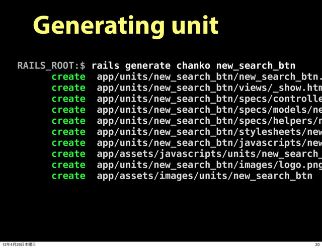 Generating unit
RAILS_ROOT:$ rails generate chanko new_search_btn
create app/units/new_search_btn/new_search_btn.
create app/units/new_search_btn/views/_show.htm
create app/units/new_search_btn/specs/controlle
create app/units/new_search_btn/specs/models/ne
create app/units/new_search_btn/specs/helpers/n
create app/units/new_search_btn/stylesheets/new
create app/units/new_search_btn/javascripts/new
create app/assets/javascripts/units/new_search_
create app/units/new_search_btn/images/logo.png
create app/assets/images/units/new_search_btn
20
12೥4݄26೔໦༵೔
