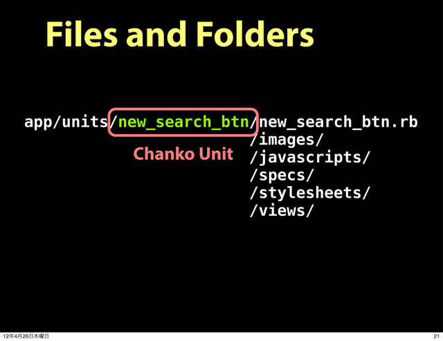 Files and Folders
app/units/new_search_btn/new_search_btn.rb
/images/
/javascripts/
/specs/
/stylesheets/
/views/
Chanko Unit
21
12೥4݄26೔໦༵೔
