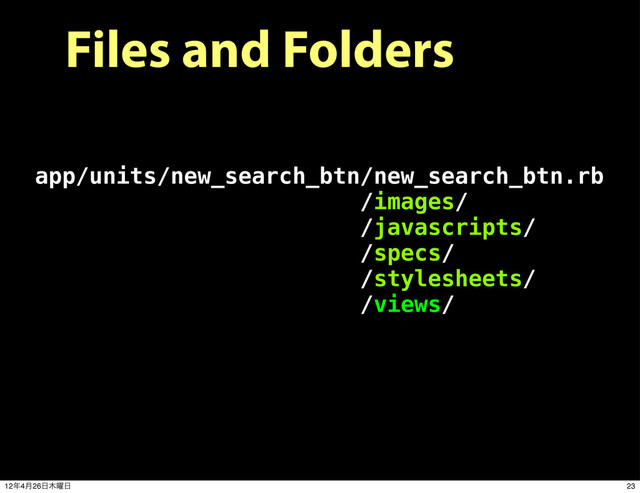 Files and Folders
app/units/new_search_btn/new_search_btn.rb
/images/
/javascripts/
/specs/
/stylesheets/
/views/
23
12೥4݄26೔໦༵೔
