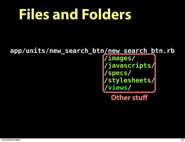 Files and Folders
app/units/new_search_btn/new_search_btn.rb
/images/
/javascripts/
/specs/
/stylesheets/
/views/
Other stuﬀ
23
12೥4݄26೔໦༵೔
