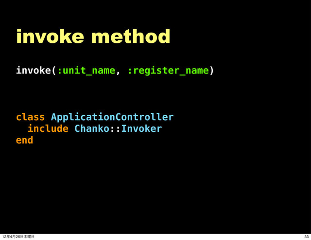 invoke(:unit_name, :register_name)
invoke method
class ApplicationController
include Chanko::Invoker
end
33
12೥4݄26೔໦༵೔
