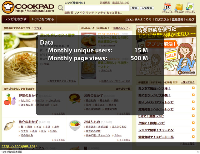 Data
Monthly unique users: 15 M
Monthly page views: 500 M
http://cookpad.com/
4
12೥4݄26೔໦༵೔
