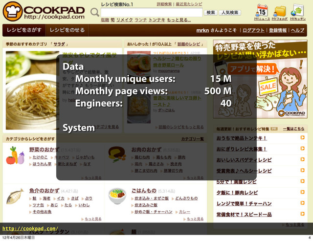 Data
Monthly unique users: 15 M
Monthly page views: 500 M
Engineers: 40
System
http://cookpad.com/
4
12೥4݄26೔໦༵೔
