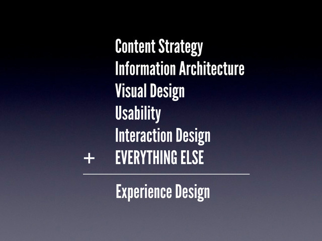 Content Strategy
Information Architecture
Visual Design
Usability
Interaction Design
EVERYTHING ELSE
+
Experience Design
