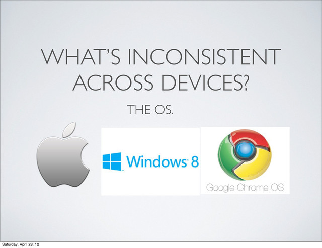 WHAT’S INCONSISTENT
ACROSS DEVICES?
THE OS.
Saturday, April 28, 12
