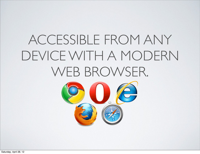 ACCESSIBLE FROM ANY
DEVICE WITH A MODERN
WEB BROWSER.
Saturday, April 28, 12

