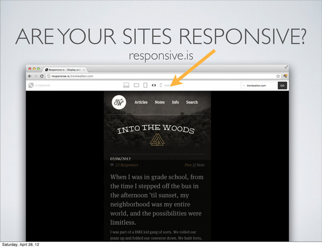ARE YOUR SITES RESPONSIVE?
responsive.is
Saturday, April 28, 12
