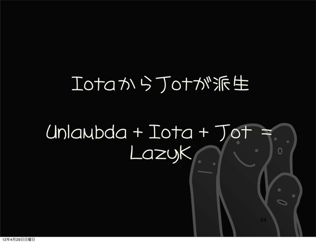IotaからJotが派生
Unlambda	 +	 Iota	 +	 Jot	 ＝
LazyK
54
12೥4݄29೔೔༵೔
