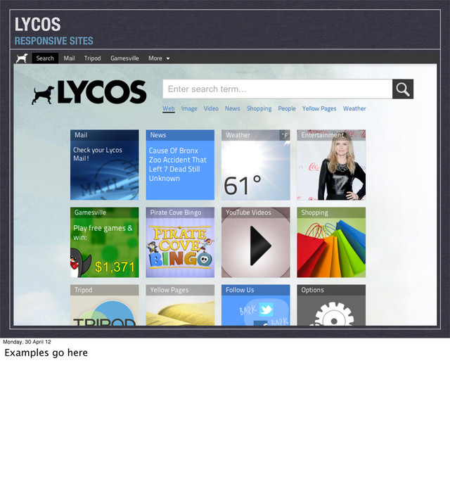 LYCOS
RESPONSIVE SITES
Monday, 30 April 12
Examples go here
