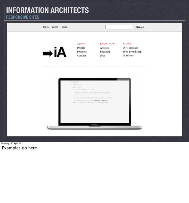 INFORMATION ARCHITECTS
RESPONSIVE SITES
Monday, 30 April 12
Examples go here
