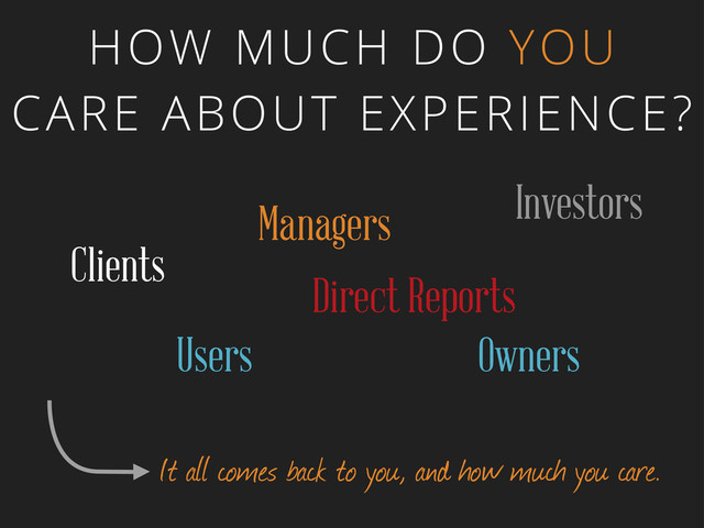 HOW MUCH DO YOU
CARE ABOUT EXPERIENCE?
Clients
Managers
Direct Reports
Users Owners
Investors
It all comes back to you, and how much you care.
