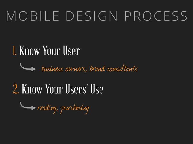 MOBILE DESIGN PROCESS
1. Know Your User
business owners, brand consultants
2. Know Your Users’ Use
reading, purchasing
