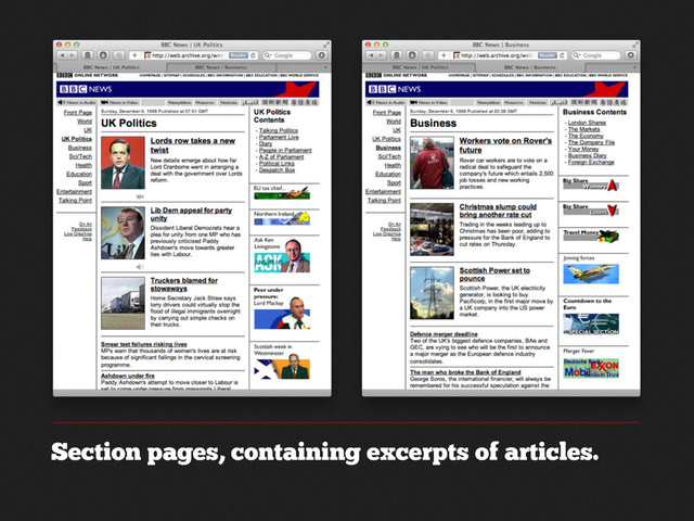 Section pages, containing excerpts of articles.
