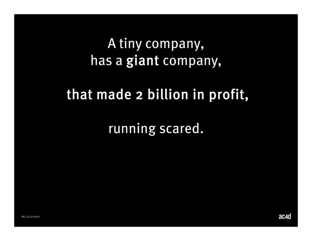 61 | 4/22/2012
A tiny company,
has a giant company,
that made 2 billion in profit,
running scared.
