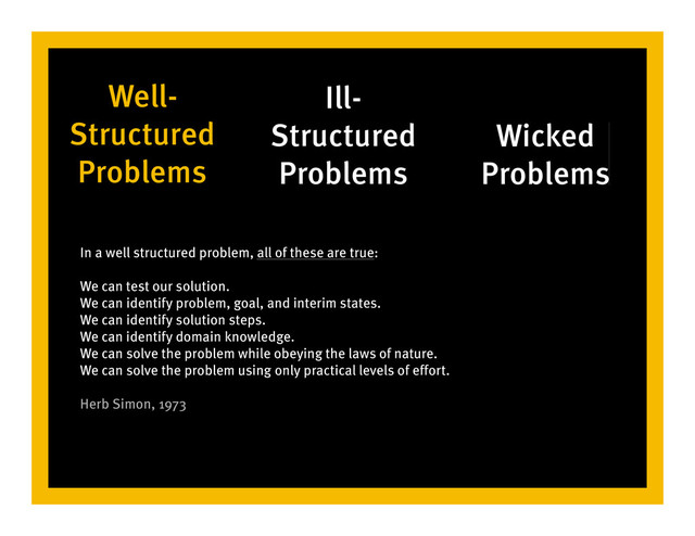 Well-
Structured
Problems
Ill-
Structured
Problems
Wicked
Problems
In a well structured problem, all of these are true:
We can test our solution.
We can identify problem, goal, and interim states.
We can identify solution steps.
We can identify domain knowledge.
We can solve the problem while obeying the laws of nature.
We can solve the problem using only practical levels of effort.
Herb Simon, 1973
