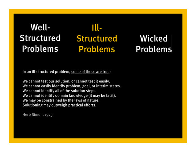 Well-
Structured
Problems
Ill-
Structured
Problems
Wicked
Problems
In an ill-structured problem, some of these are true:
We cannot test our solution, or cannot test it easily.
We cannot easily identify problem, goal, or interim states.
We cannot identify all of the solution steps.
We cannot identify domain knowledge (it may be tacit).
We may be constrained by the laws of nature.
Solutioning may outweigh practical efforts.
Herb Simon, 1973
