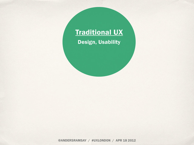 @ANDERSRAMSAY / #UXLONDON / APR 18 2012
Traditional UX
Design, Usability
