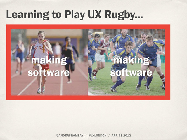 @ANDERSRAMSAY / #UXLONDON / APR 18 2012
Learning to Play UX Rugby...
making
software
making
software
