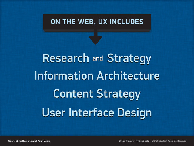 Information Architecture
User Interface Design
Content Strategy
Research Strategy
and
