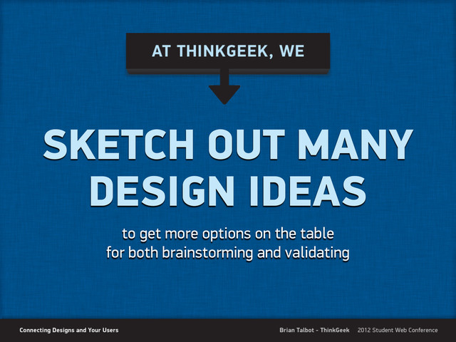 SKETCH OUT MANY
DESIGN IDEAS
to get more options on the table
for both brainstorming and validating
