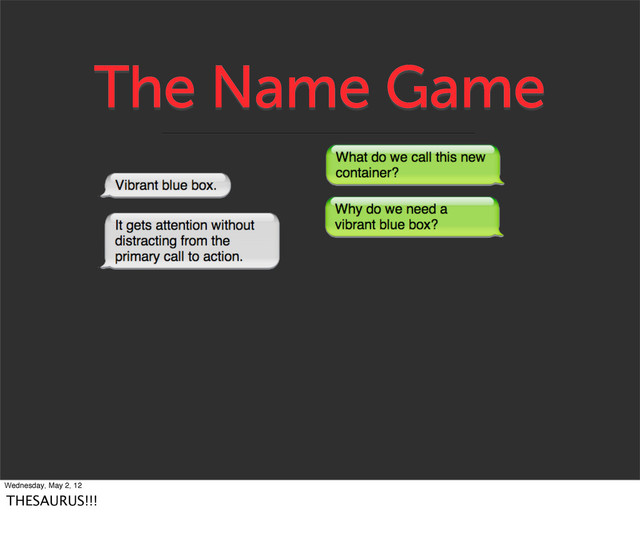 The Name Game
Wednesday, May 2, 12
THESAURUS!!!
