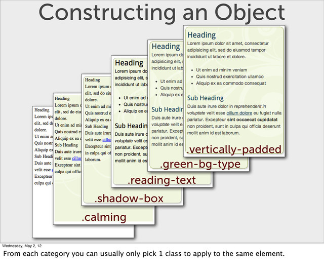 Constructing an Object
.calming
.shadow-box
.reading-text
.green-bg-type
.vertically-padded
Wednesday, May 2, 12
From each category you can usually only pick 1 class to apply to the same element.
