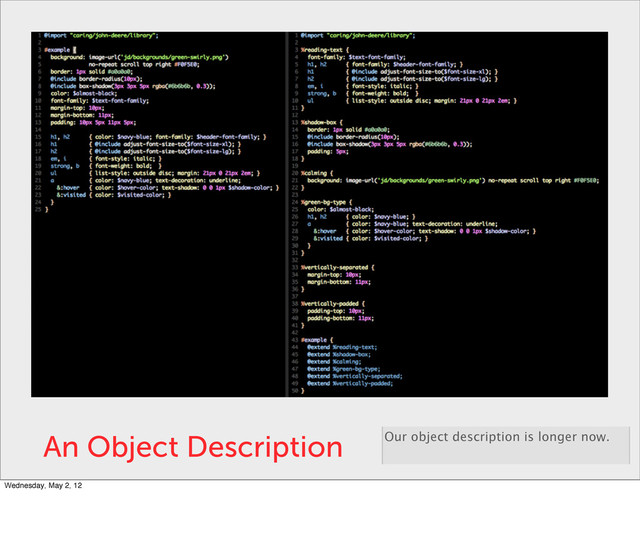An Object Description Our object description is longer now.
Wednesday, May 2, 12
